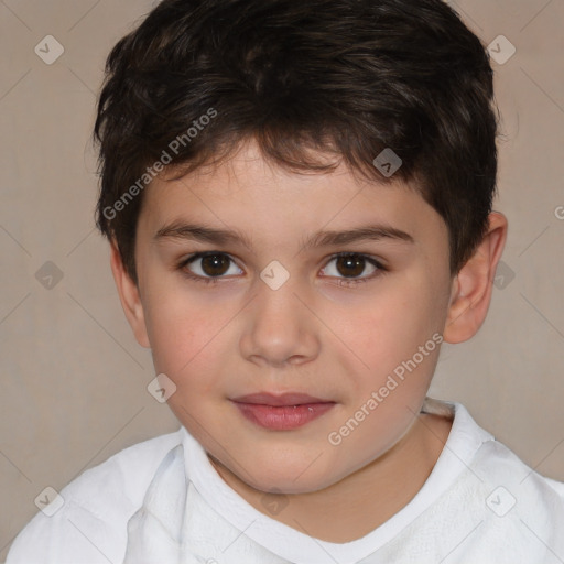 Joyful white child male with short  brown hair and brown eyes