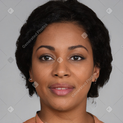 Joyful latino young-adult female with medium  black hair and brown eyes