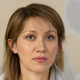 Joyful white adult female with medium  brown hair and grey eyes