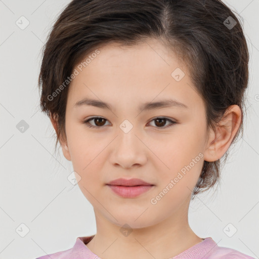 Joyful white child female with medium  brown hair and brown eyes