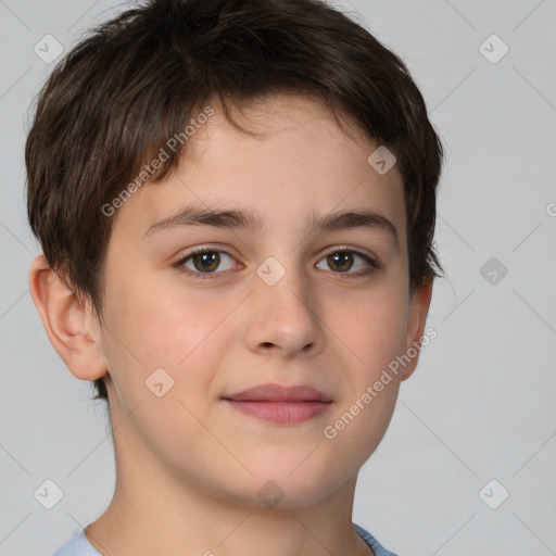 Joyful white child male with short  brown hair and brown eyes