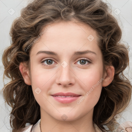 Joyful white young-adult female with medium  brown hair and green eyes