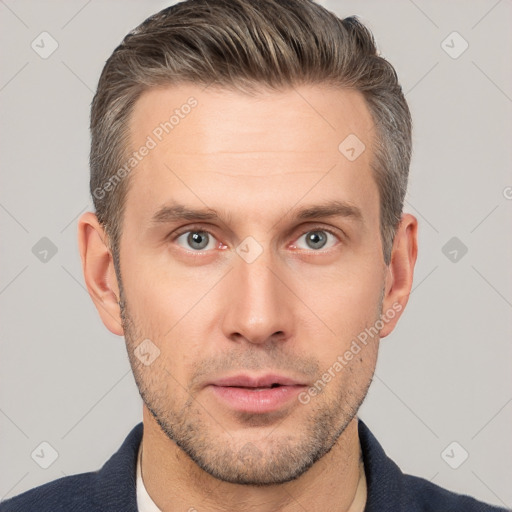 Neutral white adult male with short  brown hair and brown eyes