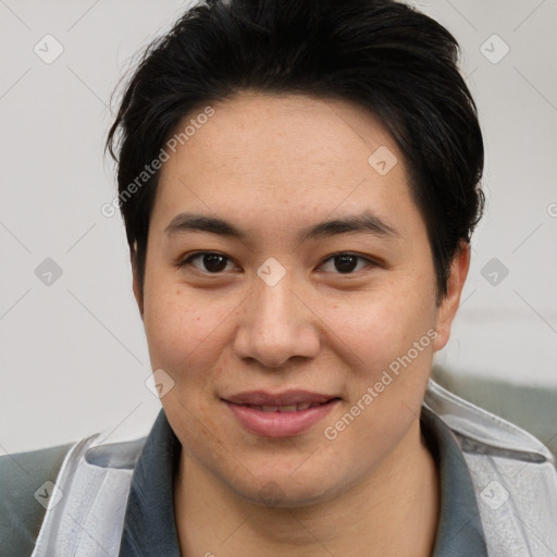 Joyful asian young-adult male with short  brown hair and brown eyes