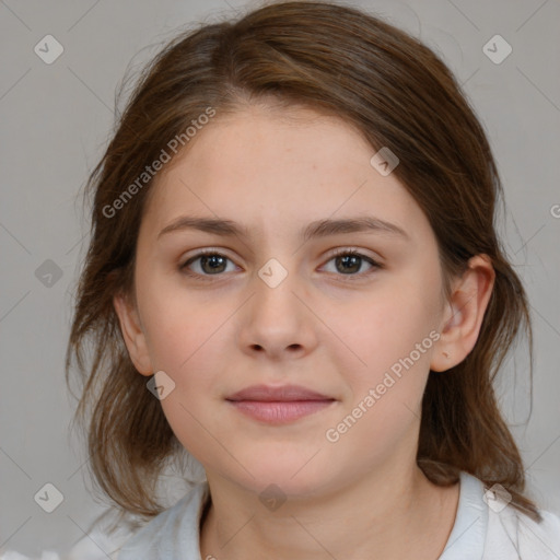 Joyful white child female with medium  brown hair and brown eyes