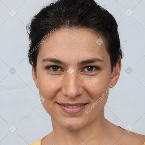 Joyful white young-adult female with short  brown hair and brown eyes