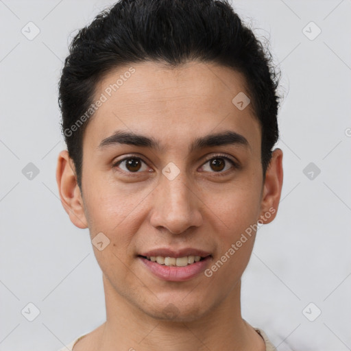 Joyful white young-adult male with short  brown hair and brown eyes