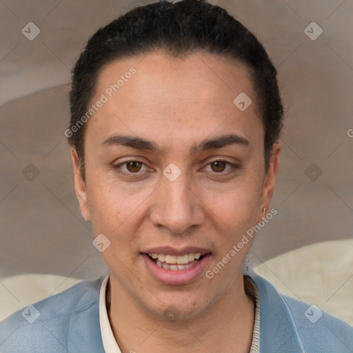 Joyful white adult female with short  brown hair and brown eyes