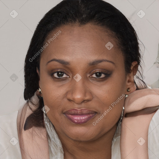 Joyful black adult female with medium  brown hair and brown eyes