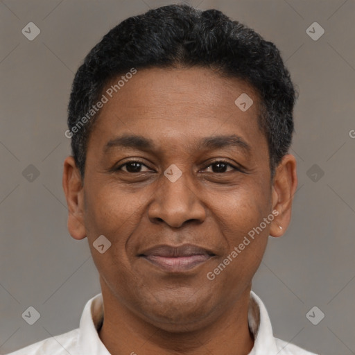 Joyful latino adult male with short  black hair and brown eyes