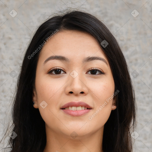 Joyful asian young-adult female with long  brown hair and brown eyes