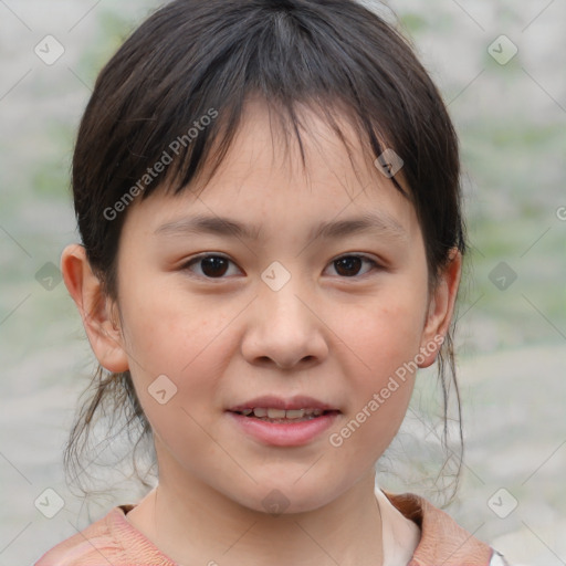 Joyful white child female with medium  brown hair and brown eyes