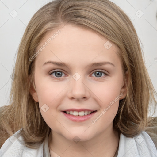 Joyful white child female with medium  brown hair and grey eyes