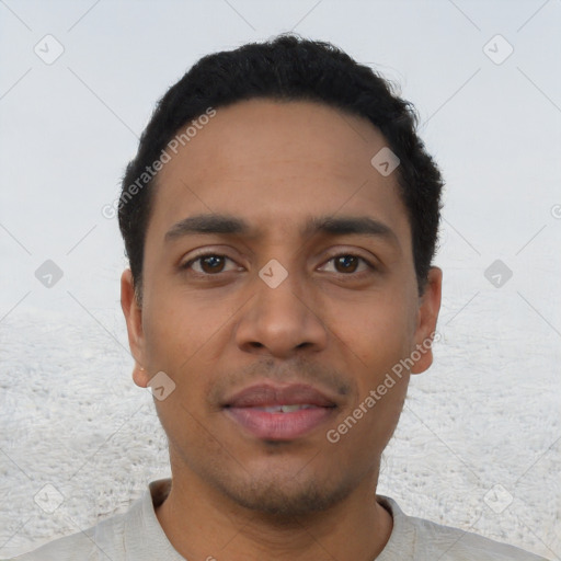 Neutral latino young-adult male with short  black hair and brown eyes