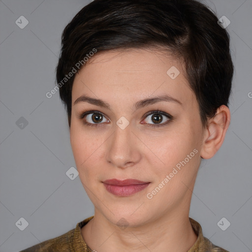 Joyful white young-adult female with medium  brown hair and brown eyes