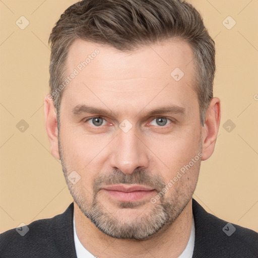 Neutral white adult male with short  brown hair and brown eyes