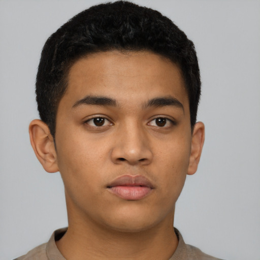 Neutral latino young-adult male with short  black hair and brown eyes