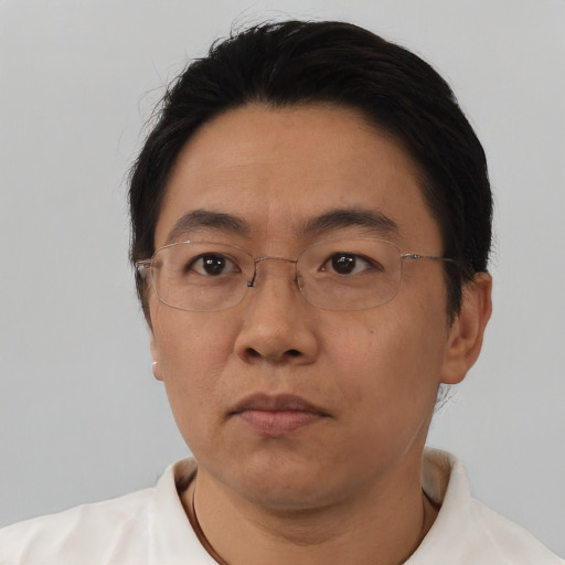 Neutral asian adult male with short  black hair and brown eyes