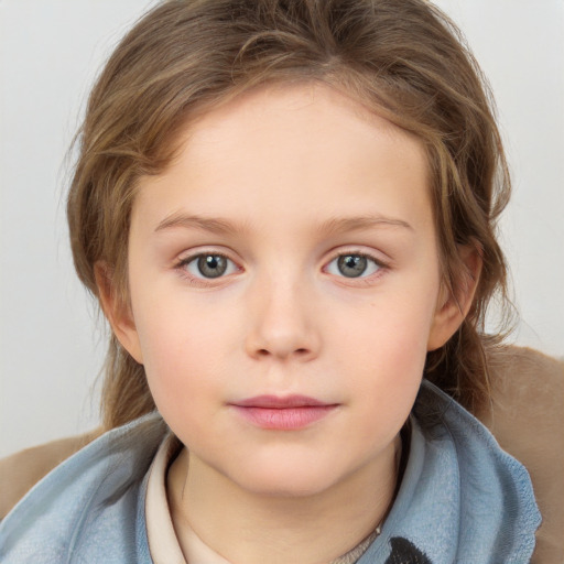 Neutral white child female with medium  brown hair and blue eyes