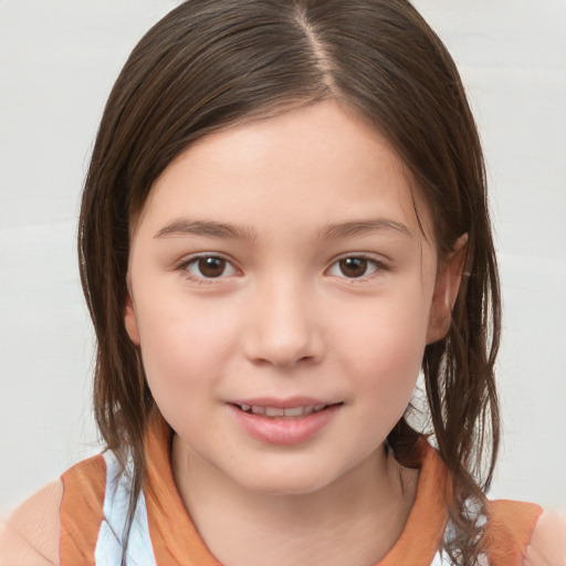 Joyful white child female with medium  brown hair and brown eyes