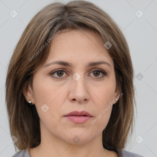 Neutral white young-adult female with medium  brown hair and brown eyes