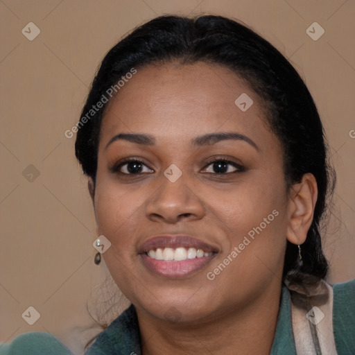 Joyful black young-adult female with medium  brown hair and brown eyes