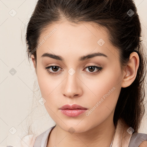 Neutral white young-adult female with long  brown hair and brown eyes