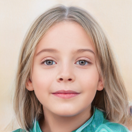 Neutral white child female with medium  brown hair and blue eyes