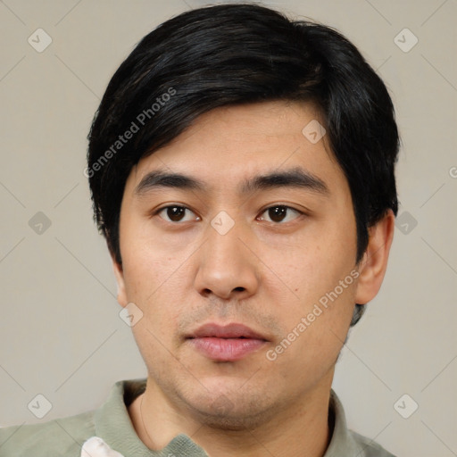 Neutral asian young-adult male with short  black hair and brown eyes