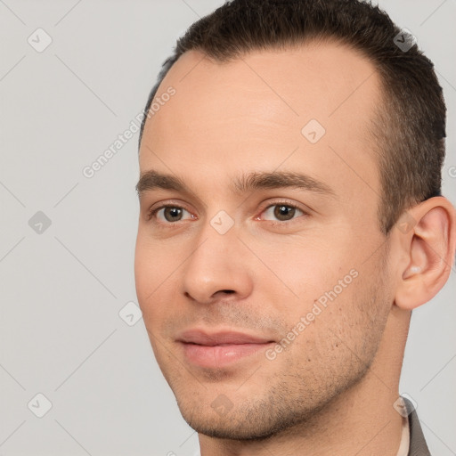 Neutral white young-adult male with short  brown hair and brown eyes