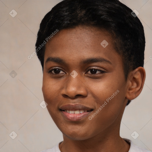 Joyful black young-adult female with short  black hair and brown eyes