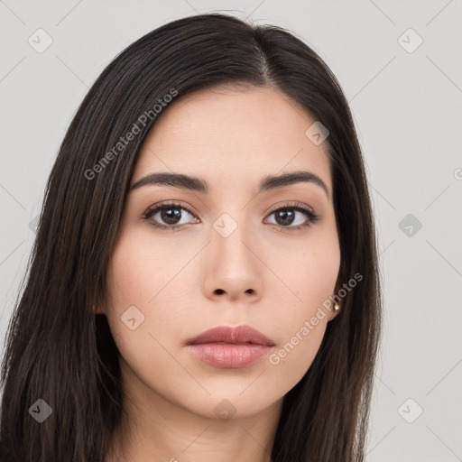 Neutral asian young-adult female with long  black hair and brown eyes