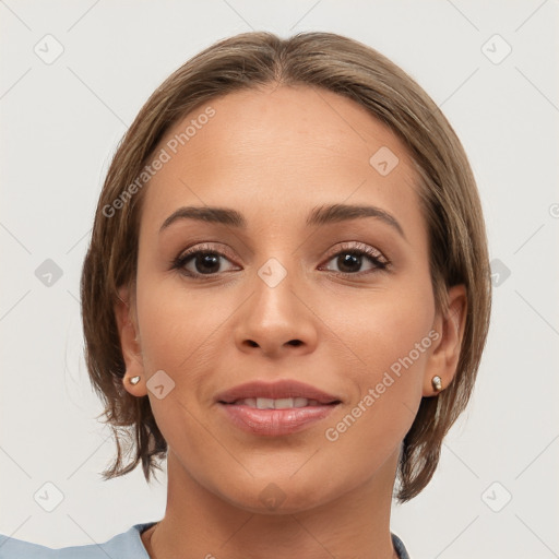 Joyful white young-adult female with medium  brown hair and brown eyes