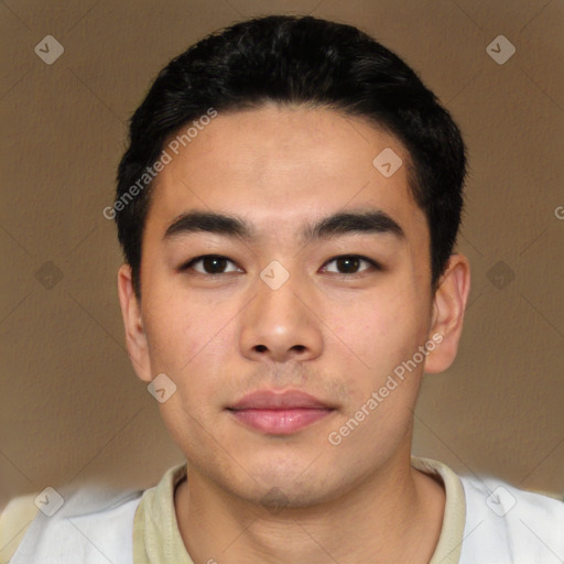 Neutral asian young-adult male with short  black hair and brown eyes