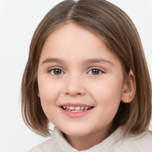 Joyful white child female with medium  brown hair and brown eyes