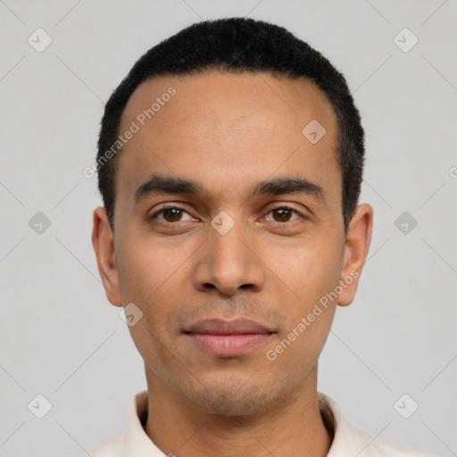 Neutral latino young-adult male with short  black hair and brown eyes