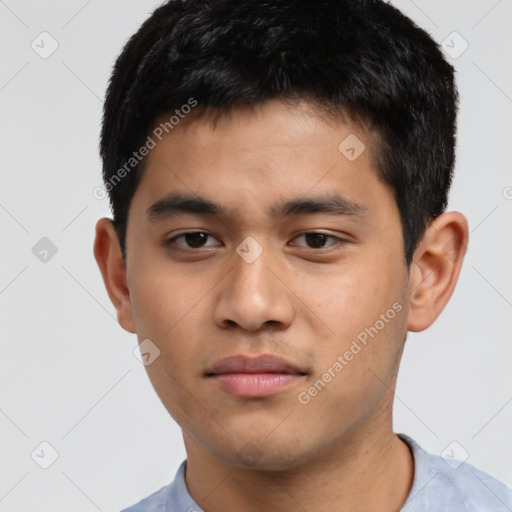 Neutral asian young-adult male with short  black hair and brown eyes