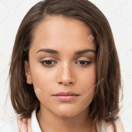 Neutral white young-adult female with long  brown hair and brown eyes