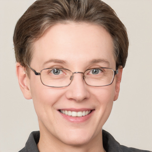 Joyful white adult female with short  brown hair and grey eyes