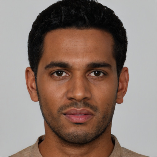 Neutral latino young-adult male with short  black hair and brown eyes
