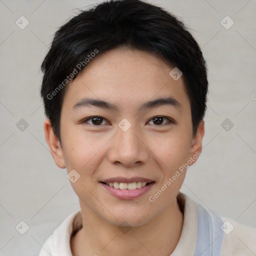 Joyful asian young-adult female with short  brown hair and brown eyes