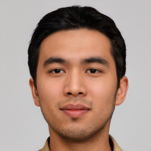 Neutral asian young-adult male with short  black hair and brown eyes