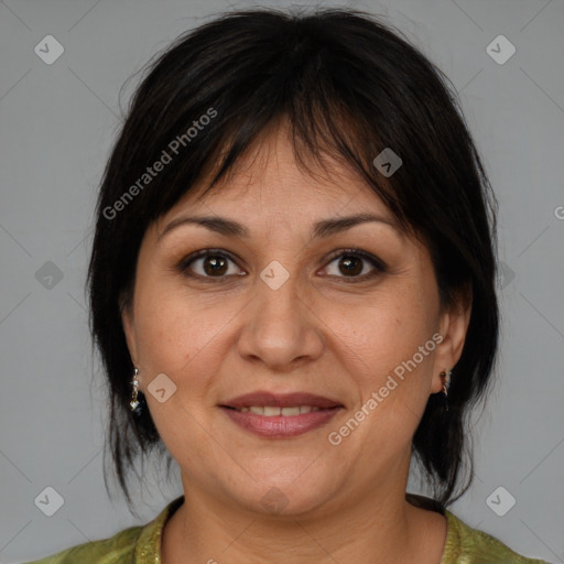 Joyful white adult female with medium  brown hair and brown eyes