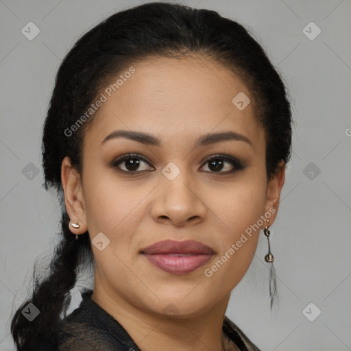 Joyful latino young-adult female with medium  brown hair and brown eyes