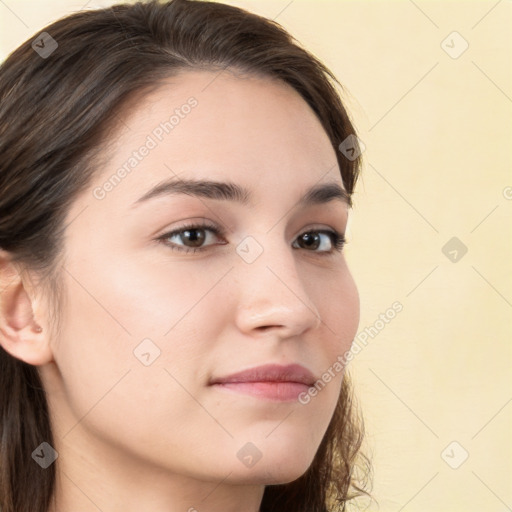 Neutral white young-adult female with long  brown hair and brown eyes