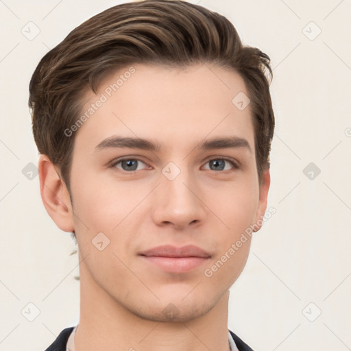 Neutral white young-adult male with short  brown hair and brown eyes