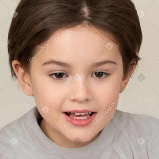 Joyful white child female with medium  brown hair and brown eyes