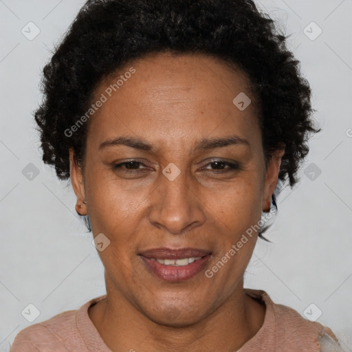 Joyful latino adult female with short  brown hair and brown eyes