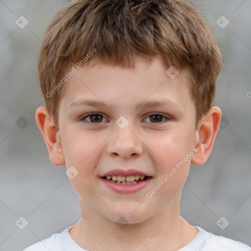 Joyful white child male with short  brown hair and brown eyes