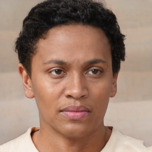 Neutral white young-adult female with short  brown hair and brown eyes